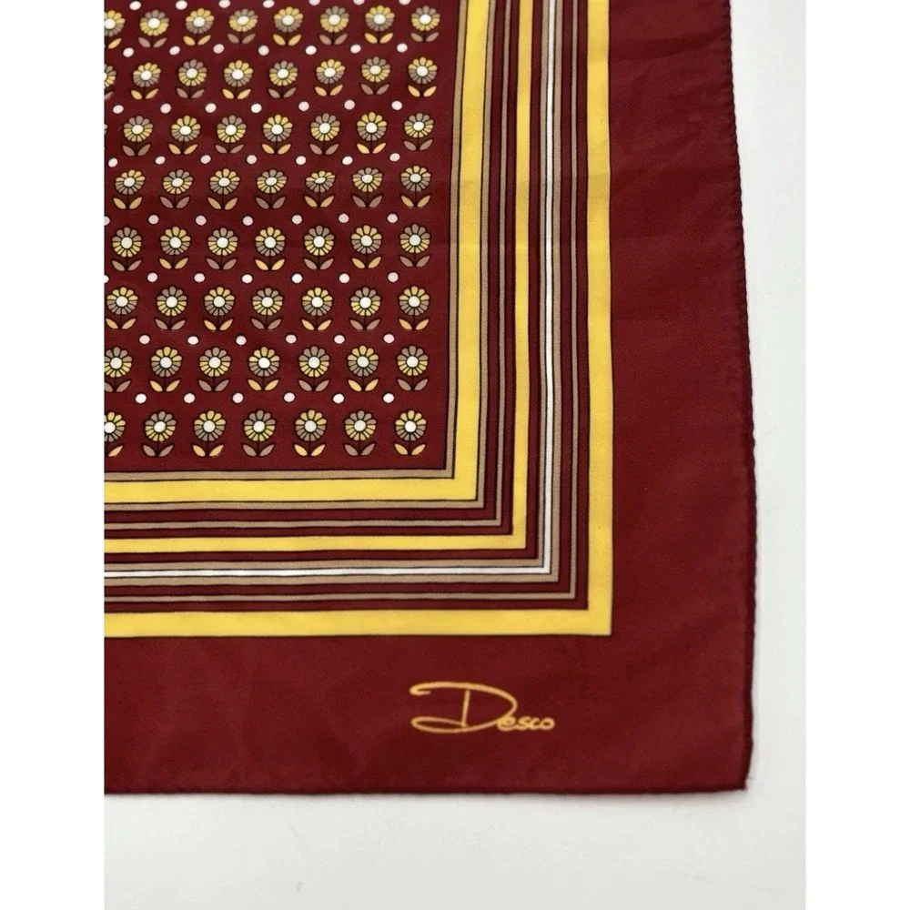 VTG Desco Scarf Mod Floral Polka Dot Burgundy Yellow Retro 70s Square Japan 25